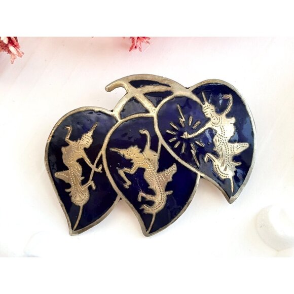 Blue Enamel Triple Leaf Ramasoon & Mekkala Siam Sterling Silver Vintage Brooch - Picture 2 of 10